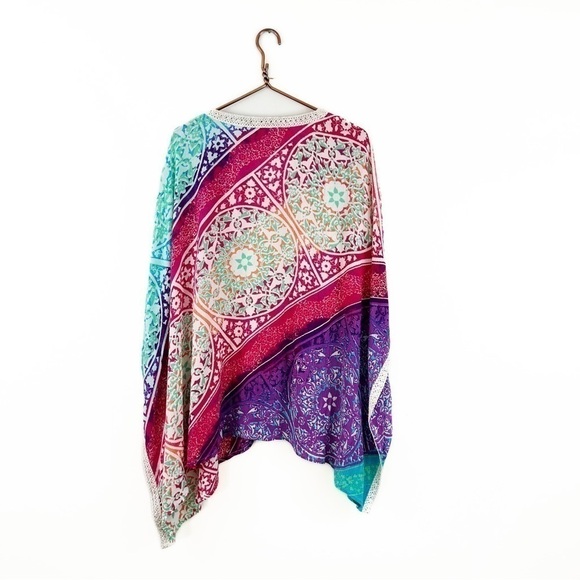 Chicos Womens Small Medium Pink Blue Boho Print Poncho Shirt Short Sleeve Beach - Picture 6 of 6